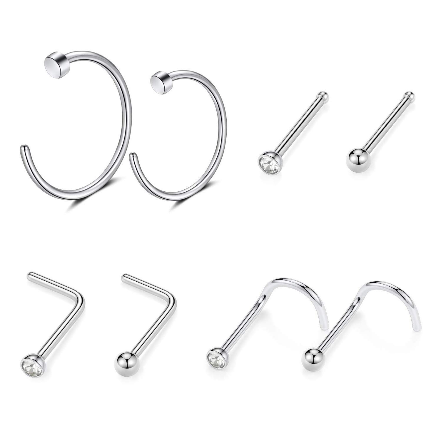 GAGABODY G23 Titanium 20G Nose Ring Hoop 2mm Press Fit Crystal Gem Nose Screw Nose Studs Ring L-Shaped Bone Piercing Jewelry