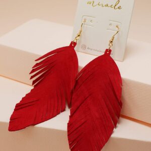 Large Genuine Soft Leather Handmade Fringe Feather Lightweight Tear Drop Dangle Color Earrings for Women Fashion (Red)