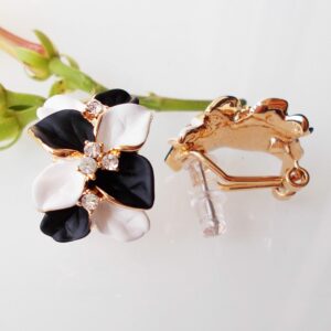 Navachi 18k Gold Plated White Crystal White Black Enamel Leaves Flower Az1141 Omega Back Earrings