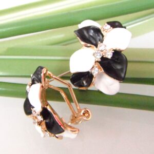 Navachi 18k Gold Plated White Crystal White Black Enamel Leaves Flower Az1141 Omega Back Earrings