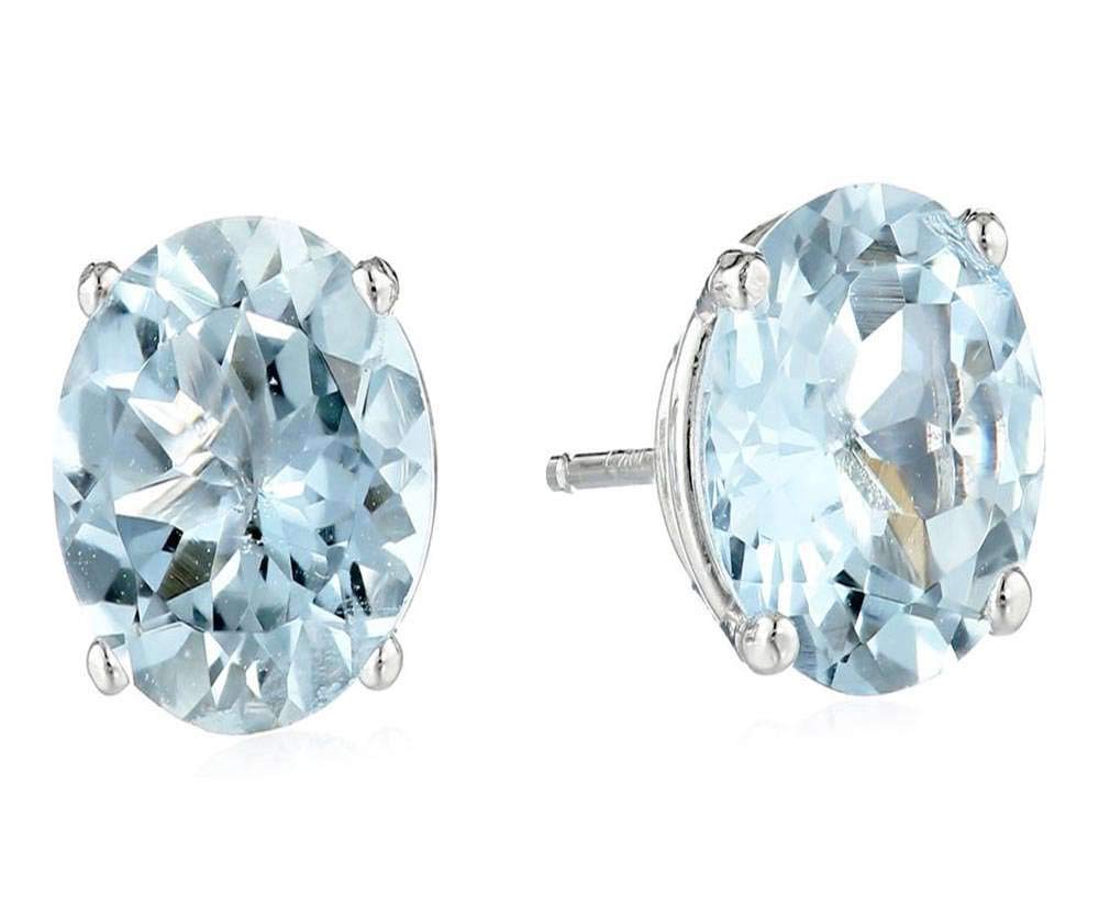 Natural Aquamarine 7x5mm Oval 925 Sterling Silver 4 Prong Stud Earrings for Women, Christmas Valentine Mothers Day Gifts for Her