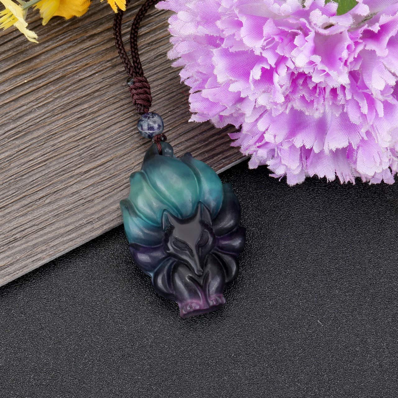 MANIFO Natural Crystal Gemstone Fox Pendant Necklace with Adjustable Woven Rope Chain (Fluorite)