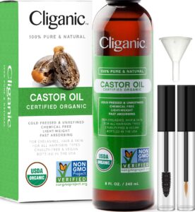 cliganic usda organic castor oil, 100% pure (8oz with eyelash kit) - for eyelashes, eyebrows, hair & skin | natural cold pressed unrefined hexane-free