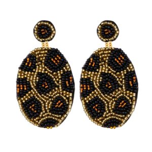 Women's Boho Handmade Beaded Drop Dangle Earrings Oval Leopard Bohemian Statement Jewelry (Gold)