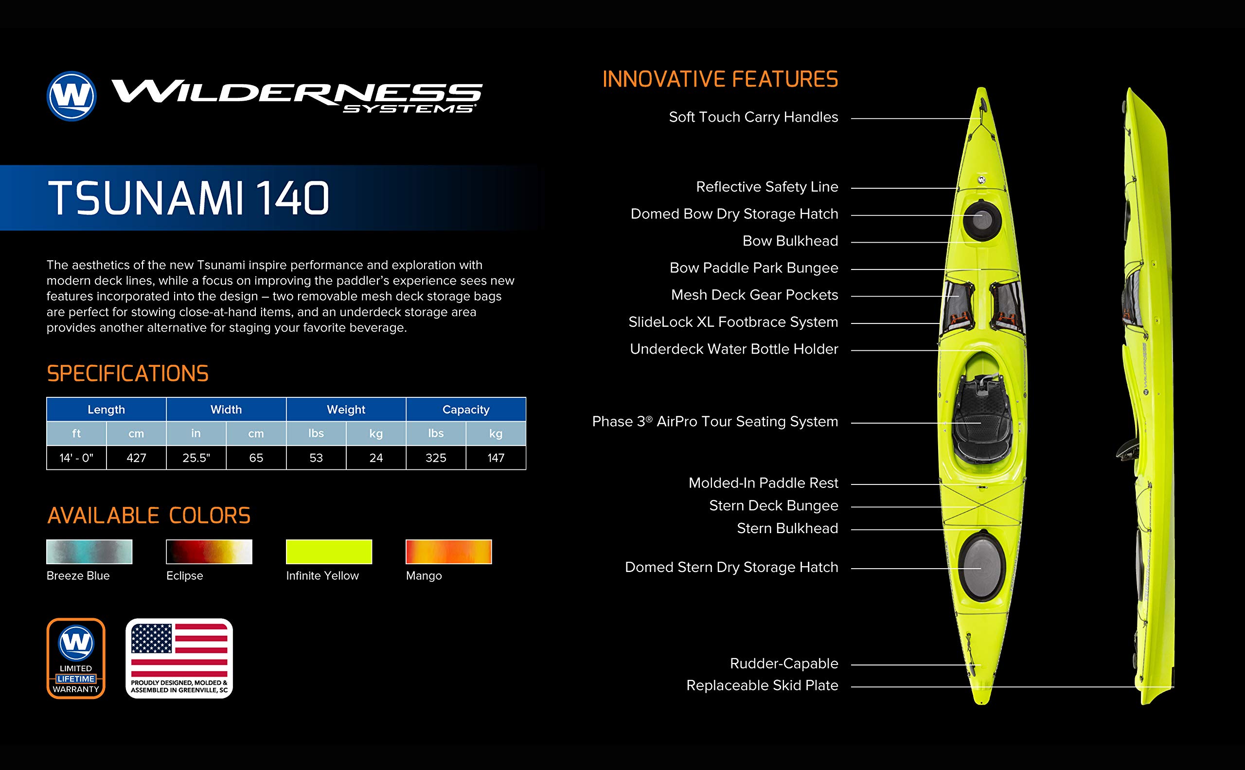 Wilderness Systems Tsunami 140 | Sit Inside Touring Kayak | Multiple Storage Options - Phase 3 Air Pro Seating | 14' | Breeze Blue