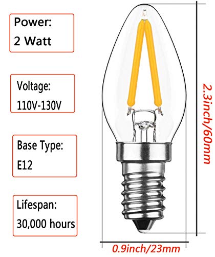 KIMROO 2W E12 C7 Candelabra LED Bulbs(6 Pack) 15W Enquivalent E12 Base LED Filament 2W Bulb 120V Dimmable 2700K Warm White Clear Glass C7 Mini Candle Torpedo Shape for Night Light (Warm White)