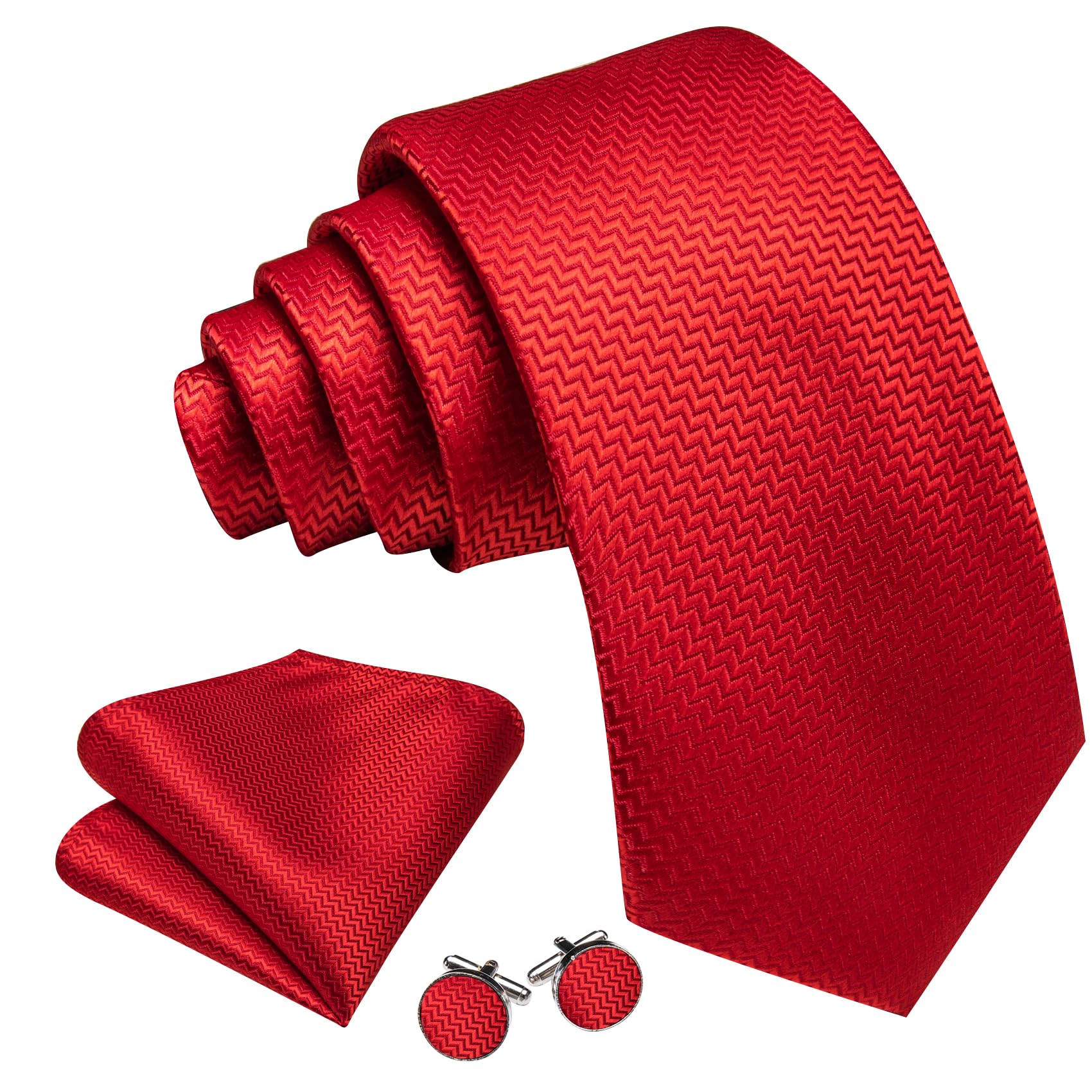 Barry.Wang Formal Red Solid Color Man Tie Set Necktie Handkerchief Cuff Links Wedding Ceremony