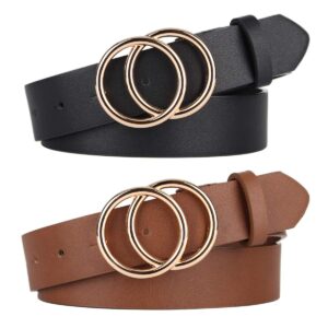 unfader pack 2 women belts for jeans with fashion double o-ring buckle and faux leather