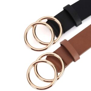 UnFader Pack 2 Women Belts for Jeans with Fashion Double O-Ring Buckle and Faux Leather