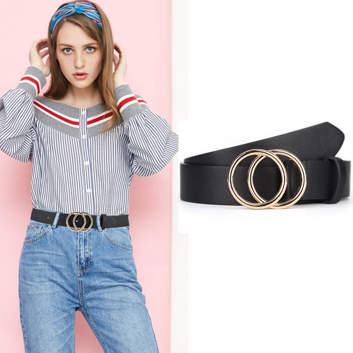 UnFader Pack 2 Women Belts for Jeans with Fashion Double O-Ring Buckle and Faux Leather