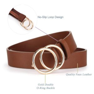 UnFader Pack 2 Women Belts for Jeans with Fashion Double O-Ring Buckle and Faux Leather