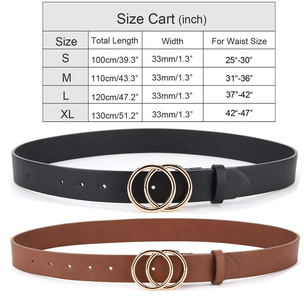 UnFader Pack 2 Women Belts for Jeans with Fashion Double O-Ring Buckle and Faux Leather