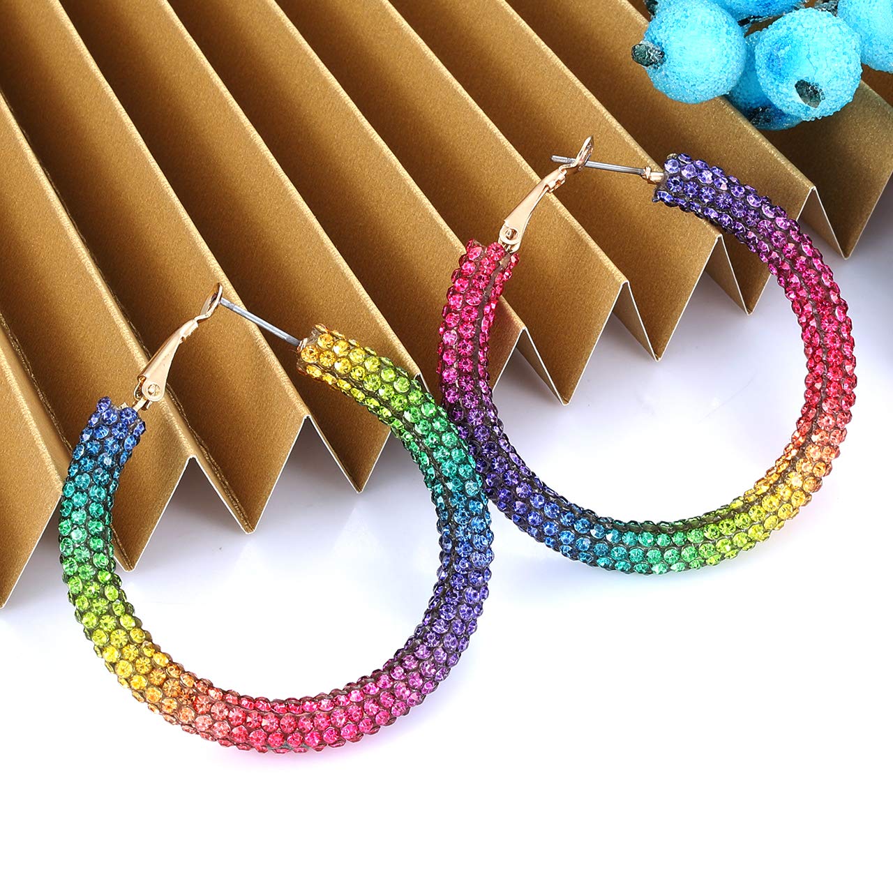 Boderier Hoop Earrings for Women Bohemian Rainbow Sparkle Pave Resin Rhinestone Wrapped Hoop Earrings Fashion Jewelry (Rainbow)