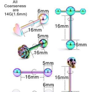 Prjndjw Jewelry, Rainbow, 12PCS, 5/8in(16mm) L. 14G Tongue Ring Surgical Stainless Steel Tongue Piercing Barbell Body Jewelry for Women