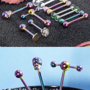 Prjndjw Jewelry, Rainbow, 12PCS, 5/8in(16mm) L. 14G Tongue Ring Surgical Stainless Steel Tongue Piercing Barbell Body Jewelry for Women