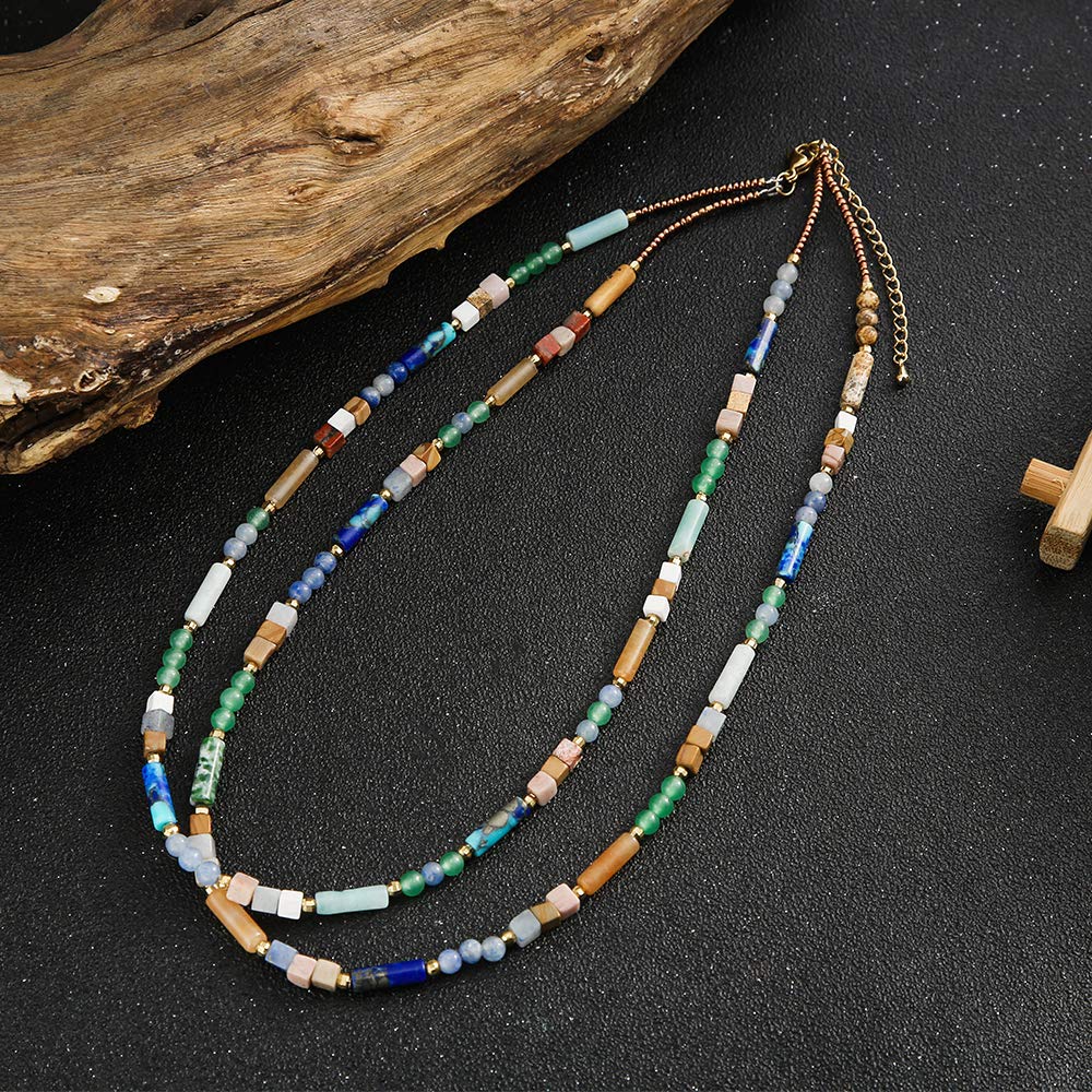 Boho Semi Precious Stone Beaded Mixed Layered Choker Necklace for Women