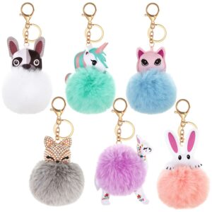 WILLBOND 6 Pieces Animal Pom Pom Keychain Cute Fluffy Ball Key Ring for Women Girls Bag Accessories(Sweet Style)