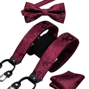 YOHOWA Mens Suspenders Set 6 Clips Strength Adjustable Y-Back Burgundy Braces Pre-Tied Bow Tie Formal Wedding Party