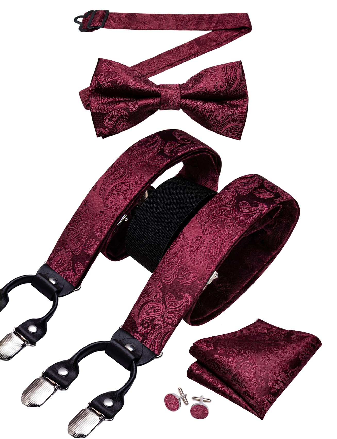 YOHOWA Mens Suspenders Set 6 Clips Strength Adjustable Y-Back Burgundy Braces Pre-Tied Bow Tie Formal Wedding Party