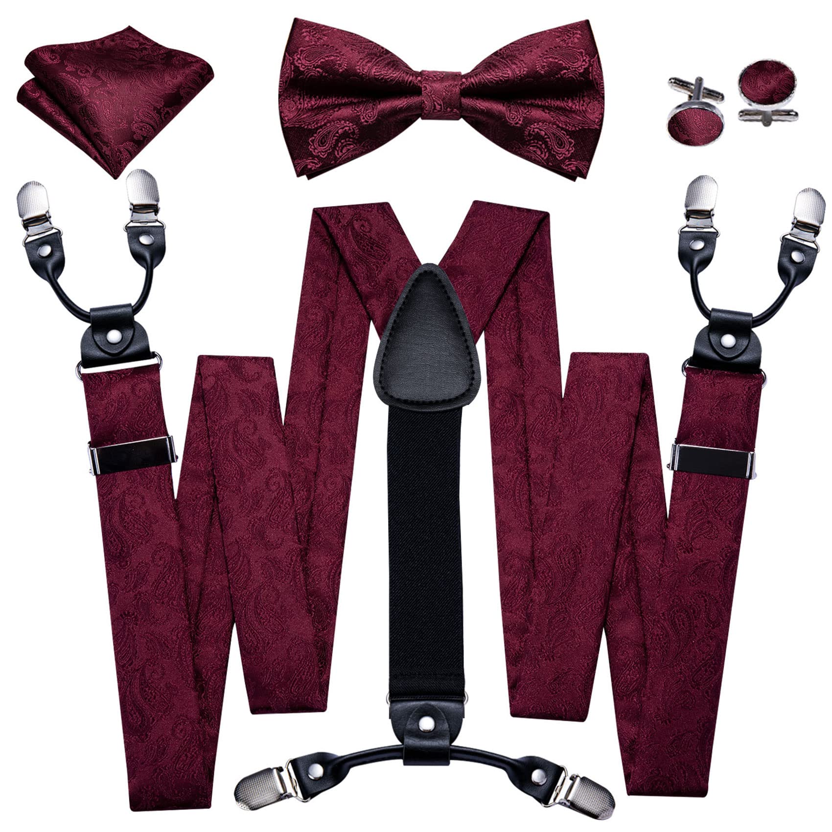 YOHOWA Mens Suspenders Set 6 Clips Strength Adjustable Y-Back Burgundy Braces Pre-Tied Bow Tie Formal Wedding Party