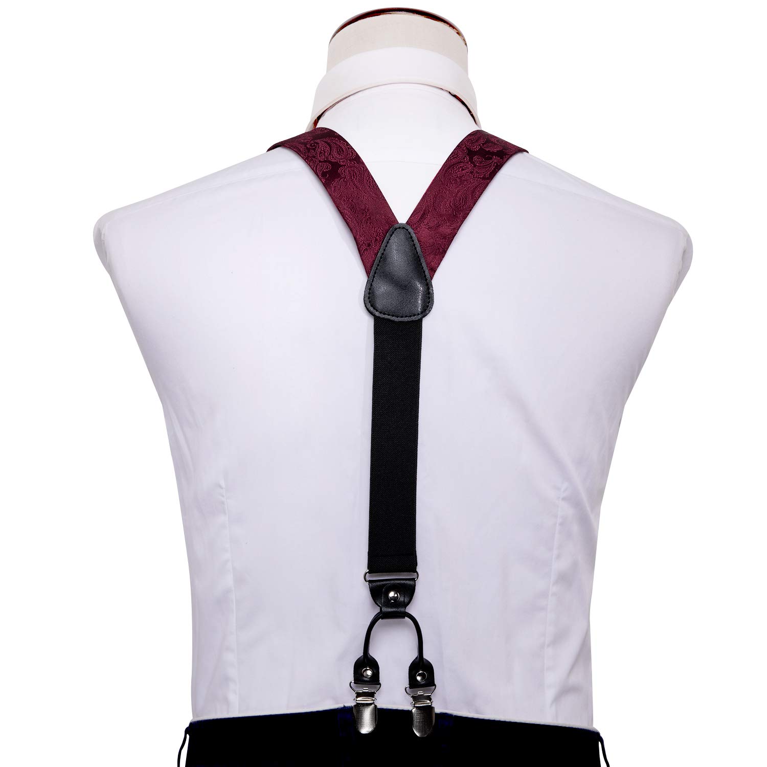 YOHOWA Mens Suspenders Set 6 Clips Strength Adjustable Y-Back Burgundy Braces Pre-Tied Bow Tie Formal Wedding Party