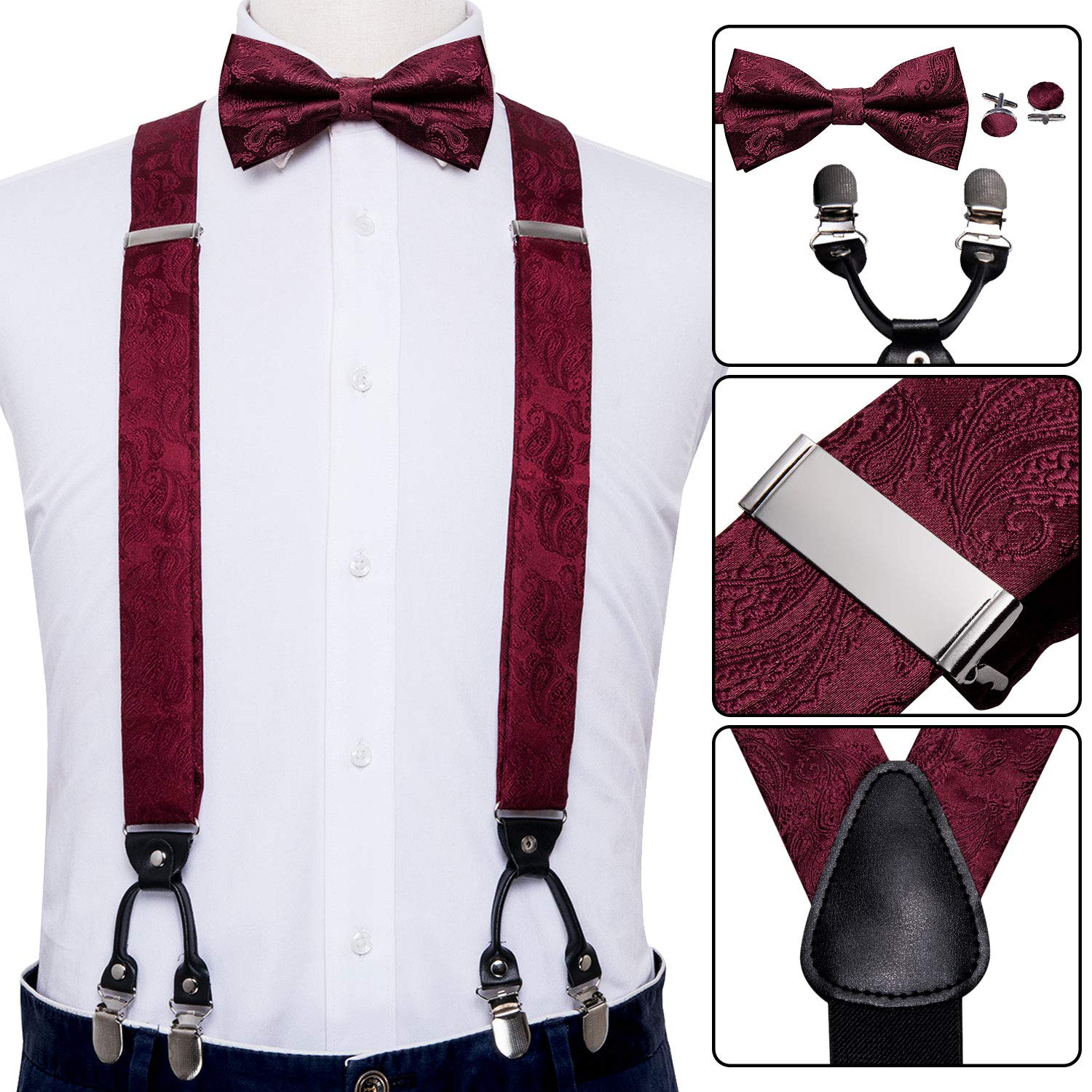 YOHOWA Mens Suspenders Set 6 Clips Strength Adjustable Y-Back Burgundy Braces Pre-Tied Bow Tie Formal Wedding Party