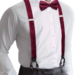 YOHOWA Mens Suspenders Set 6 Clips Strength Adjustable Y-Back Burgundy Braces Pre-Tied Bow Tie Formal Wedding Party