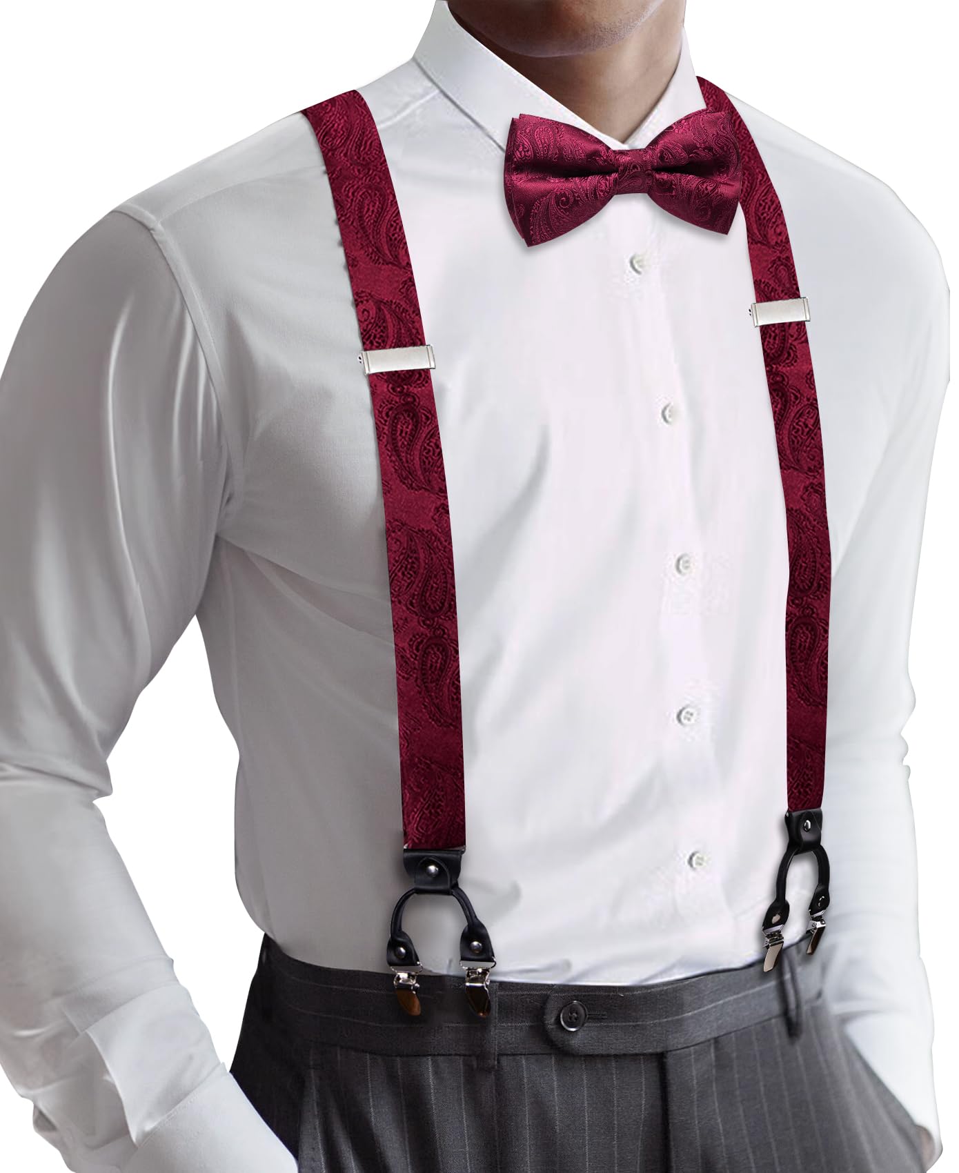 YOHOWA Mens Suspenders Set 6 Clips Strength Adjustable Y-Back Burgundy Braces Pre-Tied Bow Tie Formal Wedding Party