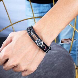 TEMICO Mens Womens Black Leather Cuff Bracelet Multi-Layer Cowhide Handmade Woven Rope Guitar Wristband