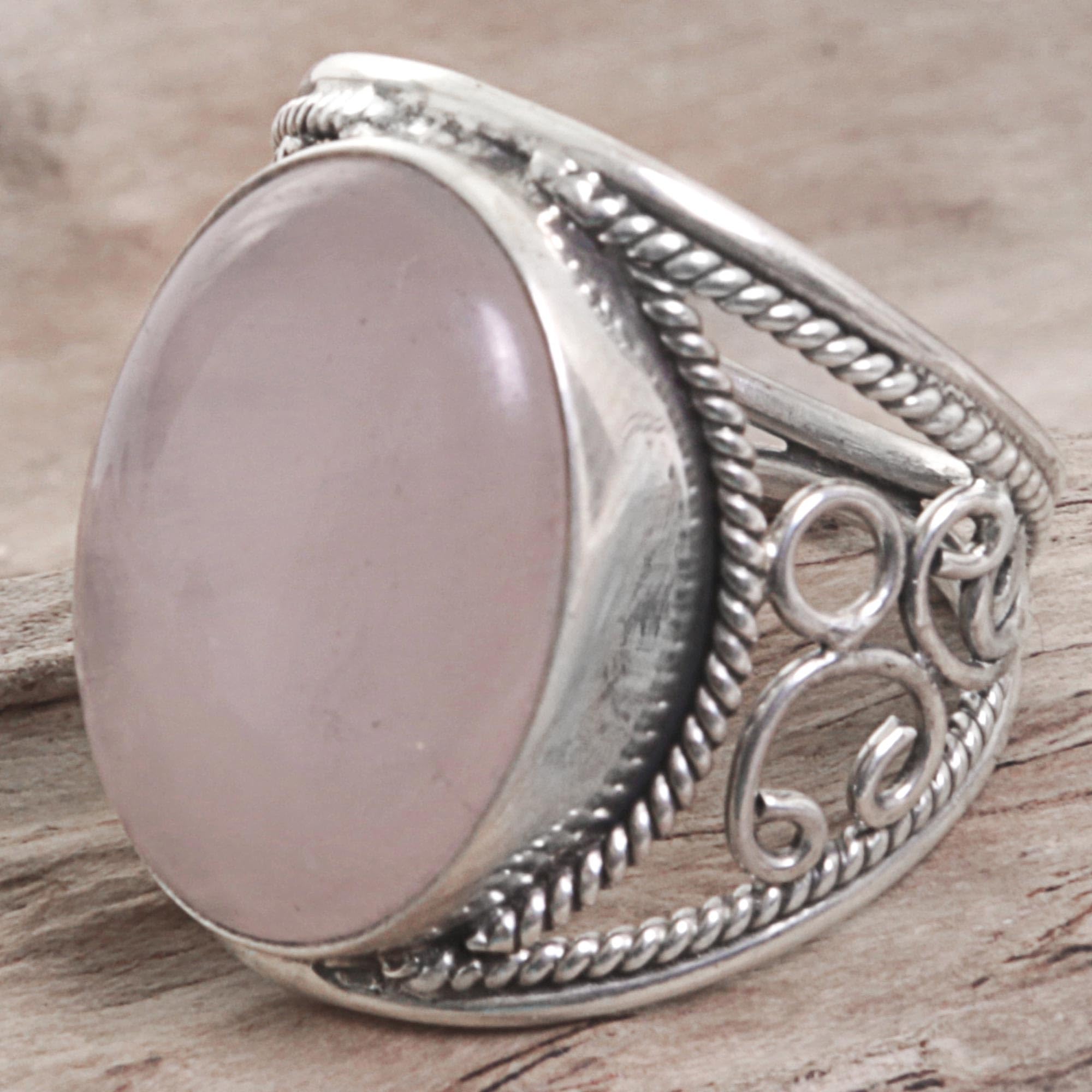 NOVICA Artisan Handmade .925 Sterling Silver Rose Quartz Cocktail Ring Crafted from Indonesia Pink Pale Dogwood Birthstone [0.9 in L x 0.8 in W x 0.3 in H 3 mm W] 'Pink Moon'