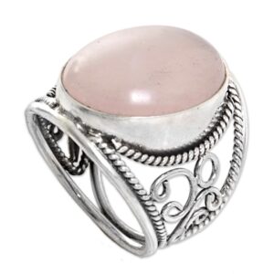 NOVICA Artisan Handmade .925 Sterling Silver Rose Quartz Cocktail Ring Crafted from Indonesia Pink Pale Dogwood Birthstone [0.9 in L x 0.8 in W x 0.3 in H 3 mm W] 'Pink Moon'