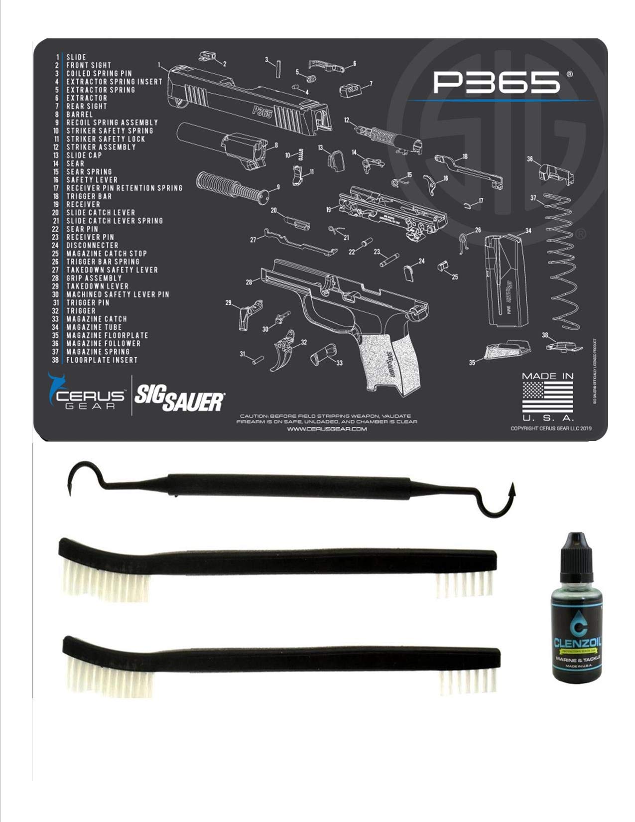 SIG P365 5 PC EDOG Cerus Gear Schematic (Exploded View) Heavy Duty Pistol Cleaning 12x17 Padded Gun-Work Surface Protector Mat Solvent & Oil Resistant & 3 PC Cleaning Essentials & Clenzoil