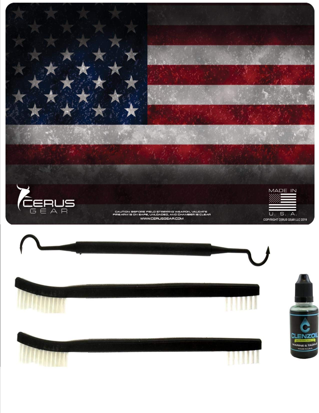 U.S. Flag 5 PC EDOG Cerus Gear American Heavy Duty Pistol Cleaning 12x17 Padded Gun-Work Surface Protector Mat Solvent & Oil Resistant & 3 PC Cleaning Essentials & Clenzoil, Made in The USA