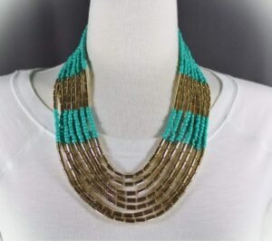 turquoise gold 7-strand layered bib beaded necklace statement piece for women