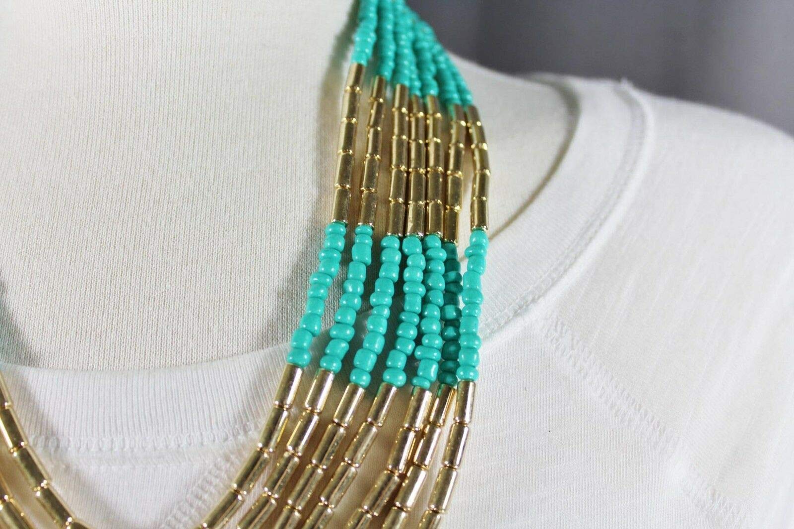 Turquoise Gold 7-Strand Layered Bib Beaded Necklace Statement Piece For Women