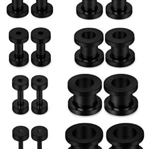 Lcolyoli Screw Fit Ear Gauges Kit Surgical Steel Tunnel Expander Earrings Earlobe Plugs Stretching Body Piercing Jewelry Set for Women Men 14G 12G 8G 6G 4G 2G 0G 00G 8 Pairs Black