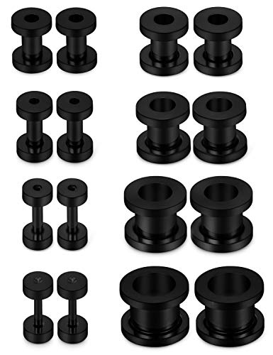 Lcolyoli Screw Fit Ear Gauges Kit Surgical Steel Tunnel Expander Earrings Earlobe Plugs Stretching Body Piercing Jewelry Set for Women Men 14G 12G 8G 6G 4G 2G 0G 00G 8 Pairs Black