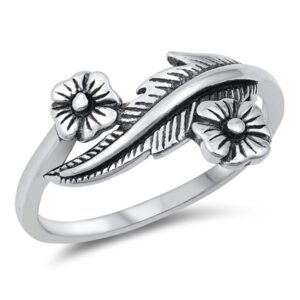 detailed plumeria flower leaf ring new .925 sterling silver band size 10