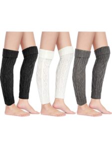 satinior 3 pairs knit leg warmer cable footless sock winter high leg warmer for women girls (white, light gray, black)