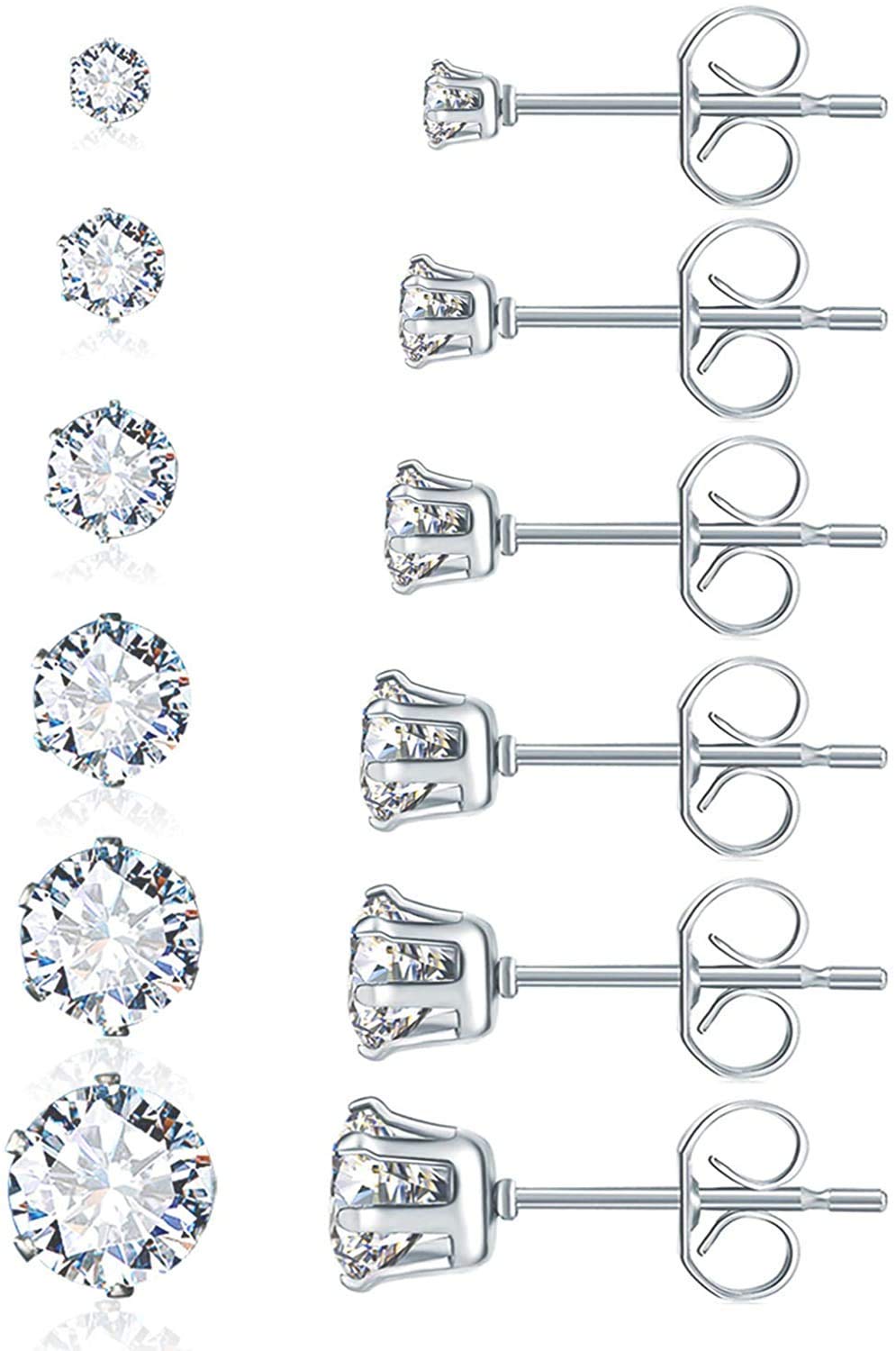 Surgical Steel Earrings Sterling Silver Earrings Stainless Studs for Most Ears 6 Pairs Round Clear Cubic Zirconia Earrings Multi Piercing Ears CZ Simulated Diamond Stud Earring Women Men Boys Girls…