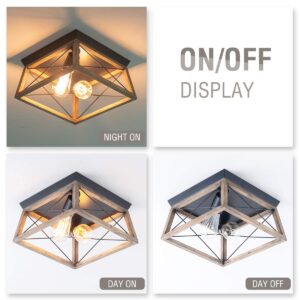 VILUXY Retro Industrial Rectangle Flush Mount Ceiling Light Fixture with Wood Shade for Hallway, Entryway, Passway, Dining Room, Bedroom, Balcony Living Room Two-Light