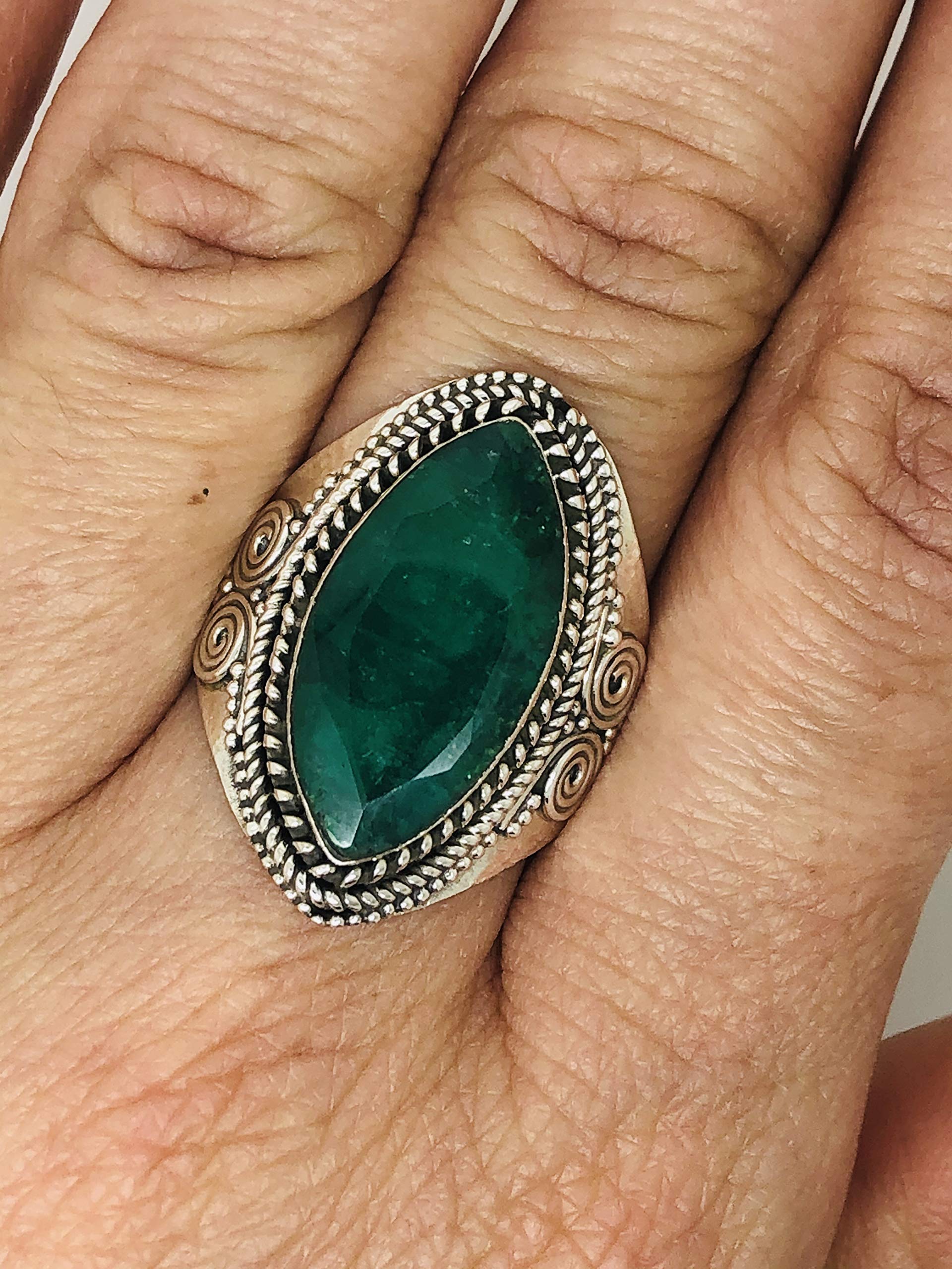 Koral Jewelry Marquise Created Emerald Vintage Gipsy Ring 925 Sterling Silver spiral side tribal Boho Chic (9)