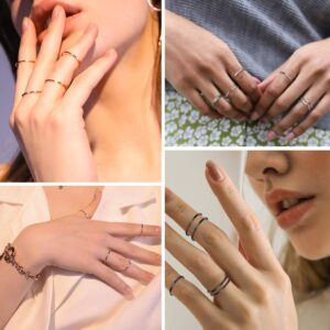 FOCALOOK Black Ring Set 1 mm Thin Mid Finger Rings 7 Pcs Black Knuckle Plain Band Rings for Women Thumb Stacking Rings Size 4-10