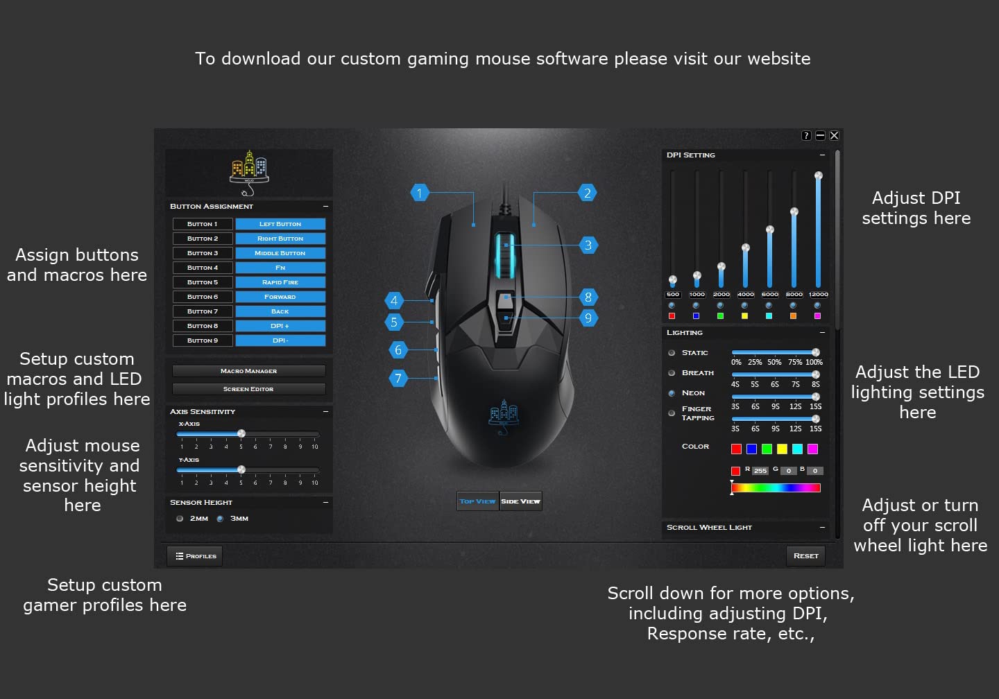 MOJO Pro Performance Silent Gaming Mouse - Wired Gaming Mouse w/ 9 Programmable Buttons including Sniper (rapid fire) key, 12000 DPI, 1000 Hz, Force Adjustable Buttons, Custom Gamer Profiles, and more