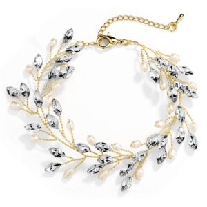 mariell bridal and wedding gold bracelet with crystal gems and freshwater pearls, fits 7" to 8 ½" wrist