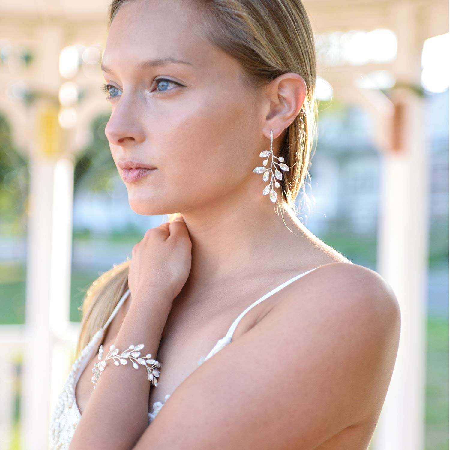 Mariell Bridal and Wedding Silver Bracelet with Crystal Gems and Freshwater Pearls, Fits 7" to 8 ½" Wrist