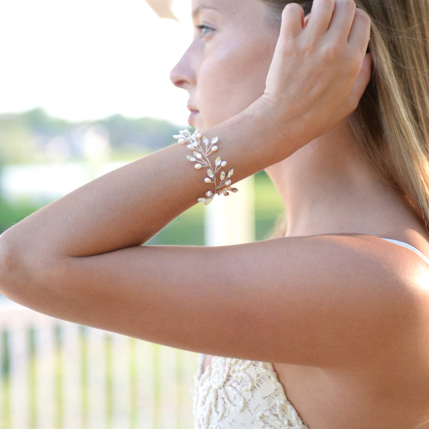 Mariell Bridal and Wedding Silver Bracelet with Crystal Gems and Freshwater Pearls, Fits 7" to 8 ½" Wrist