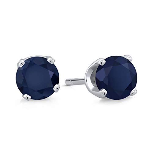 Gem Stone King 14K White Gold Blue Sapphire Stud Earrings For Women (0.26 Cttw, Gemstone Birthstone, Round 3MM)