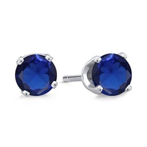 Gem Stone King 14K White Gold Blue Created Sapphire Stud Earrings For Women (1.04 Cttw, Round 3MM)