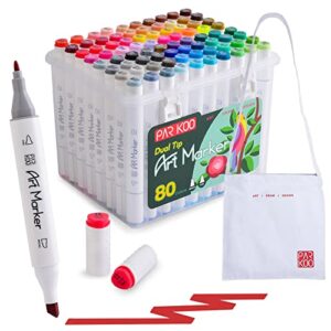 parkoo alcohol markers 80 colors, double tipped fine & chisel alcohol-based art marker set with swatch chart & carrying case for kids, adult coloring and illustration